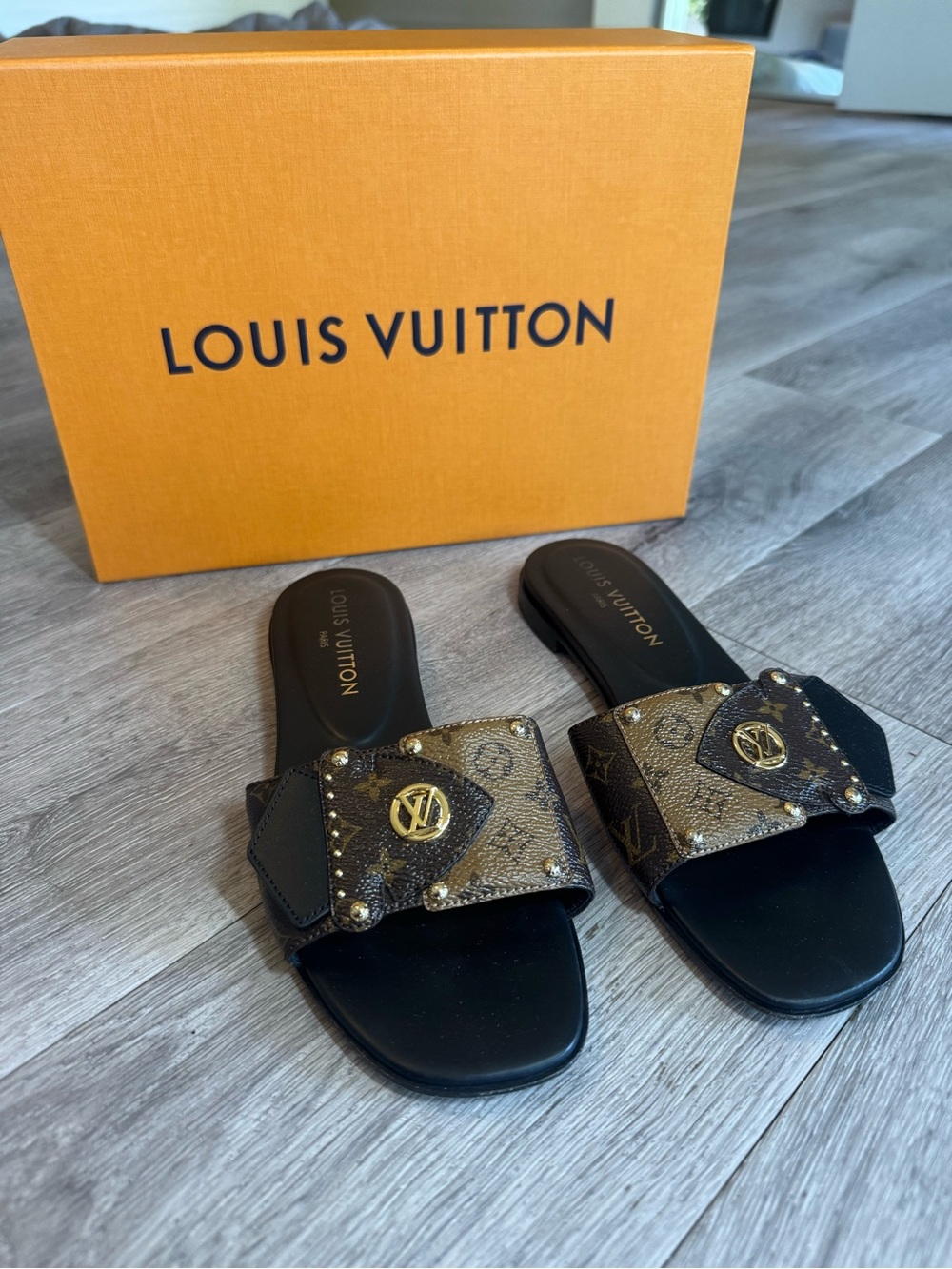 Louis Vuitton Black and Brown Monogram Studded Slide Sandals